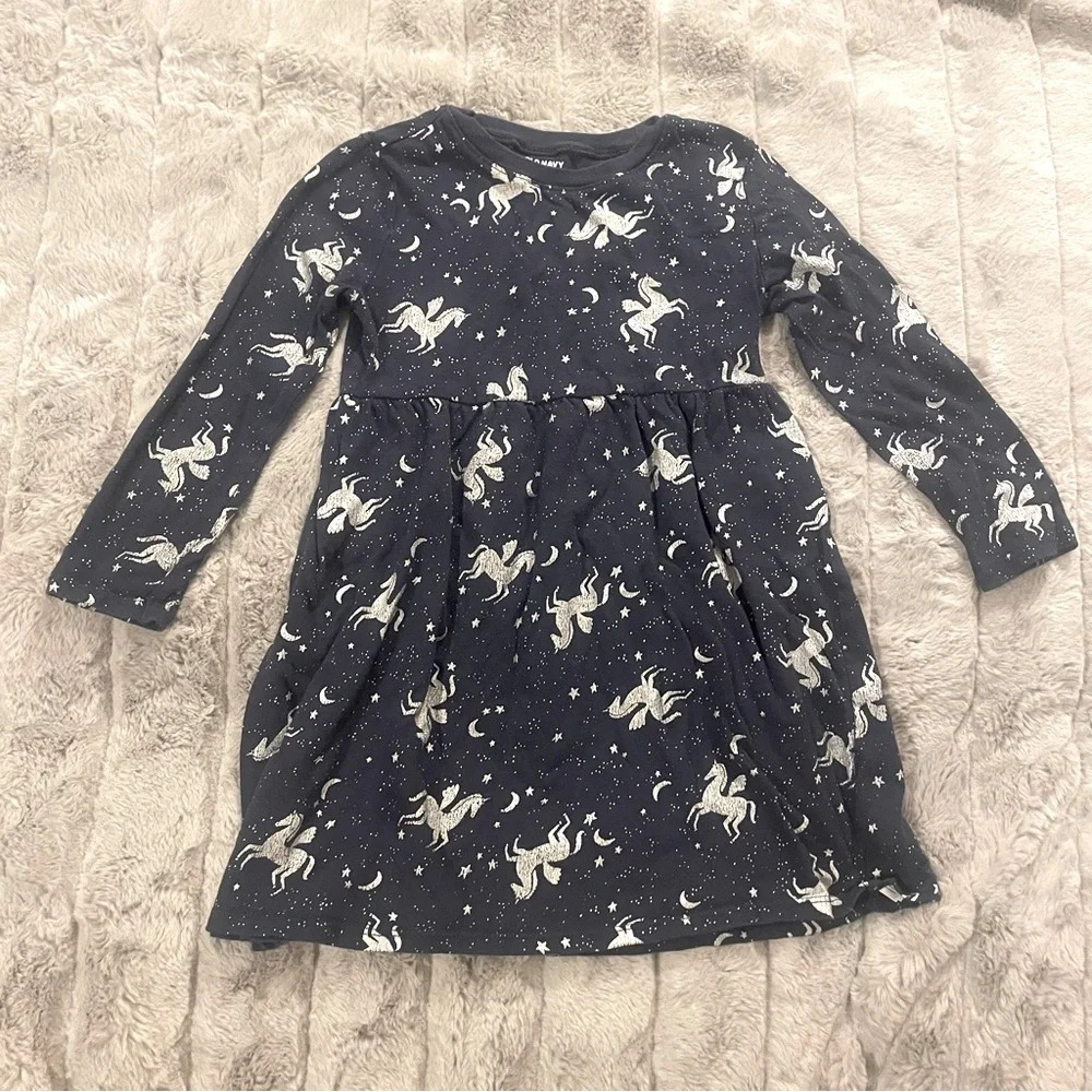 Old Navy Navy Blue Unicorn Print Long Sleeve Dress